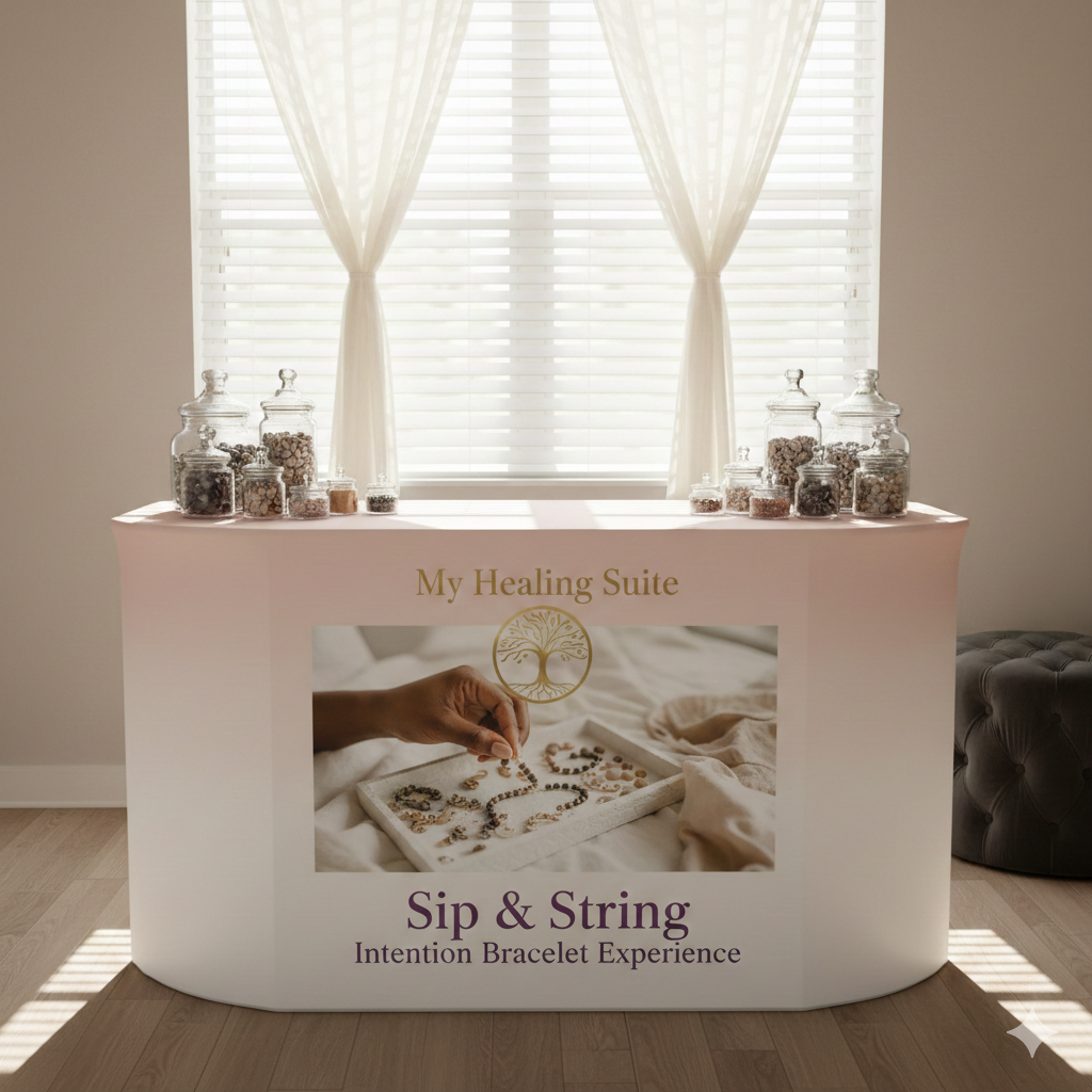 My Healing Suite Sip & String intention bracelet experience table setup